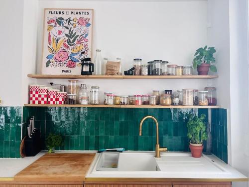 une cuisine avec un évier et un comptoir avec des plantes dans l'établissement Appartement cosy Batignolles, à Paris
