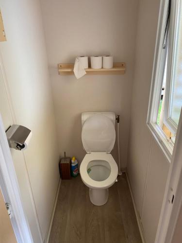 Elle comprend une petite salle de bains pourvue de toilettes et d'une fenêtre. dans l'établissement Mobil home 6 personnes sur camping, à La Boissière-de-Montaigu
