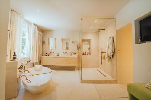 La salle de bains est pourvue d'une douche, de toilettes et d'une baignoire. dans l'établissement Domaine de Roquepertuse, à Velaux