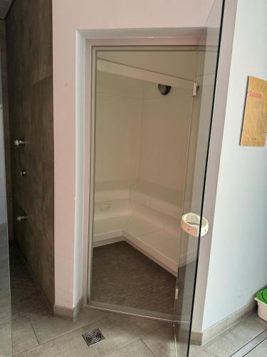 a glass walk in shower in a bathroom at Castle Studio mit Wellness in Blitzingen