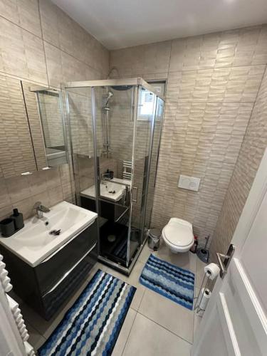 Un baño con ducha, lavabo e inodoro. en Luxueuse Villa Neuve avec Jardin, en Colombes