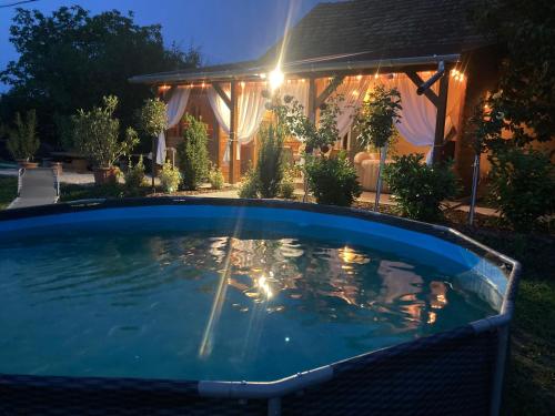 a swimming pool in front of a house at night at Arany Vendégház in Szarvas