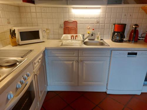 a kitchen with a sink and a microwave at Alpenblick FeWo Hauser in Reisach