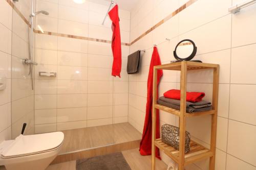 un baño con inodoro y ducha en Oewern Diek App 02, en Wustrow