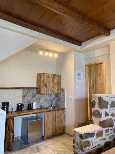 a kitchen with wooden cabinets and a counter top at 1924 Studios 4 in Áyios Pétros