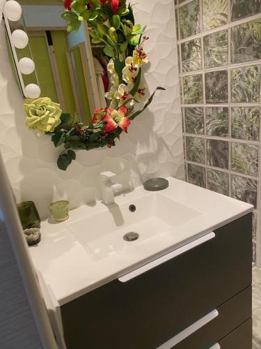 une salle de bain avec un lavabo blanc et un miroir dans l'établissement Appartement SérénitE, à Putot-en-Auge