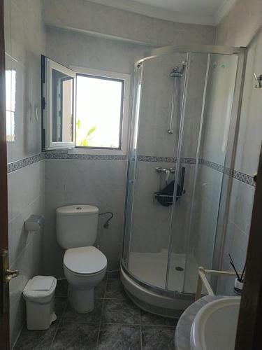 a bathroom with a shower and a toilet and a sink at Casa El Barco in Torrox