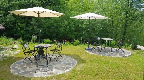 a group of tables and chairs with umbrellas at River Song Inn in Vişeu de Jos