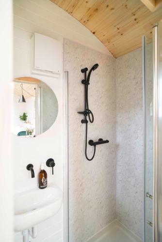 a bathroom with a shower and a sink at Willow's Nordic Shepherds Hut in Ballater
