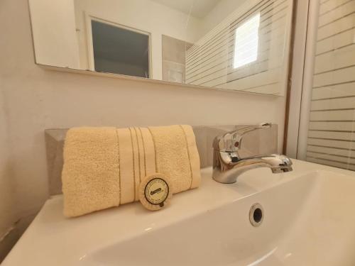 - un lavabo avec une serviette et un robinet dans l'établissement Studio Cabine Golfe Marine, à Vallauris