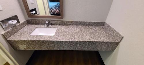 a bathroom counter with a sink and a mirror at Red Roof Inn Charlotte - Airport in Charlotte