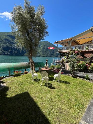 a group of animals standing in the grass near a tree at The Lake House by Quokka 360 - Lake view in Gandria village in Lugano