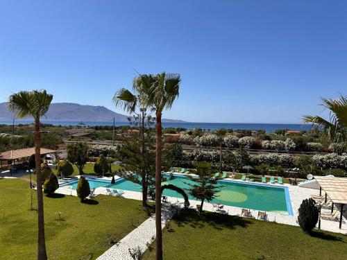 a view of a swimming pool with palm trees at Regina Hotel in Kissamos