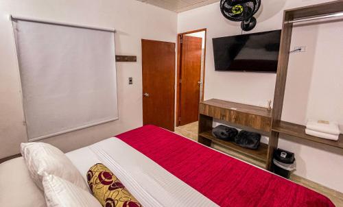 a bedroom with a large bed with a television and a bed sidx sidx at Hotel Boutique Estadio in Medellín