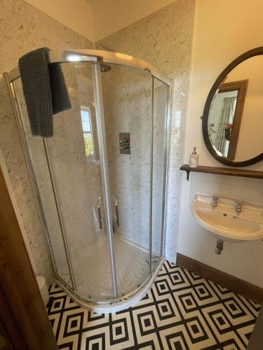 a shower in a bathroom with a sink and a mirror at Treganoon House, Lanlivery in Bodmin