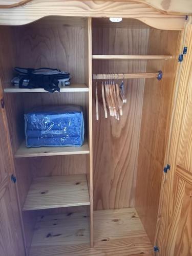 a wooden closet with wooden shelves and a blue bag at La Maisonnette Cambrésienne in Cambrai