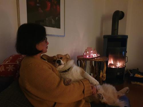 a woman sitting on a couch with two cats and a dog at Eifel Ferienhaus Luna in Ohlenhard