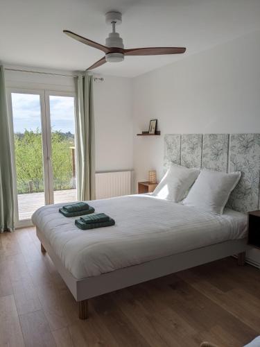 une chambre avec un grand lit avec un ventilateur de plafond dans l'établissement La maison des coteaux - Gîte avec vue d'exception, à Fronsac