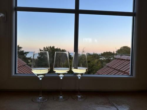 three glasses of white wine sitting in front of a window at Hotel Ostseeblick - direkt hinter den Dünen in Ostseebad Karlshagen