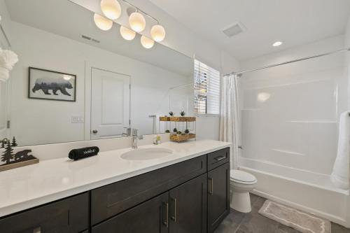 ヒーバー・シティにあるNew Home in Heber Cityの洗面台、トイレ、鏡のあるバスルーム
