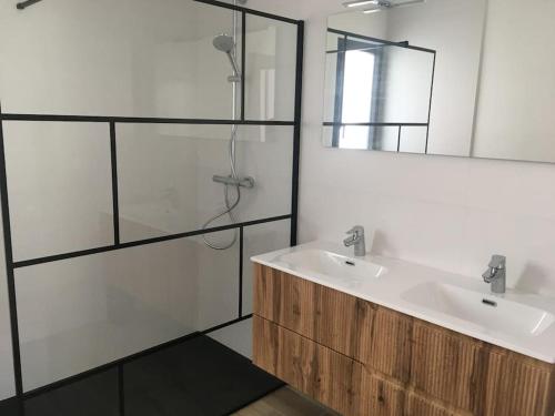 une salle de bain avec un lavabo, une douche et un miroir dans l'établissement Maison moderne de plain pied, à Ploudalmézeau