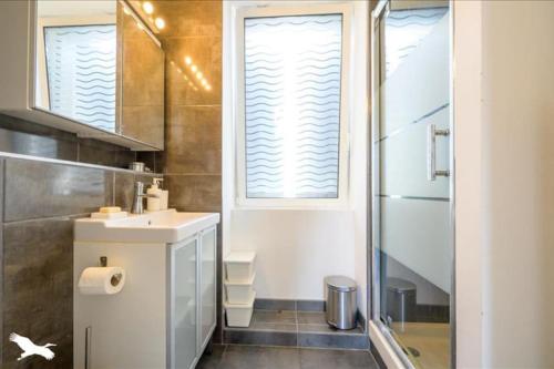 une salle de bain avec un lavabo et une douche avec une fenêtre dans l'établissement Belle maison proche plage, à La Rochelle