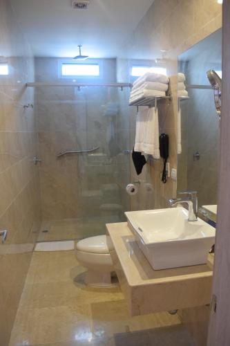 a bathroom with a toilet and a sink and a shower at Radisson Diamond Barranquilla in Barranquilla