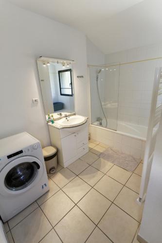 une salle de bain avec une machine à laver et un lavabo dans l'établissement Résidence Nature et tranquillité, à Messanges