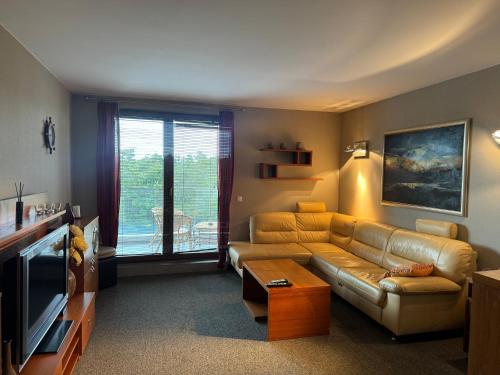 un salon avec un canapé et une télévision dans l'établissement AJ Holiday - Władysławowo, à Władysławowo