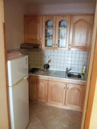 a kitchen with wooden cabinets and a white refrigerator at Studio Danica in Banjol