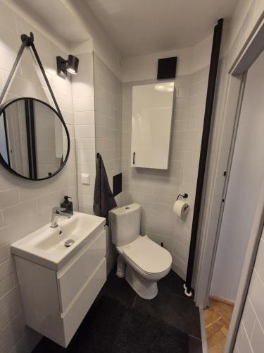 a bathroom with a toilet and a sink and a mirror at Klimatyczna kawalerka w centrum No 2 in Gdynia