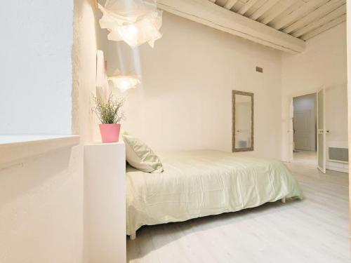 - une chambre blanche avec un lit et une plante en pot dans l'établissement Appartement Le Flocon 2 chambres Maison Carrée Centre historique, à Nîmes