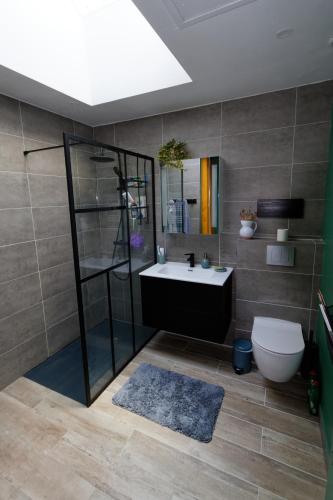 une salle de bain avec un lavabo, une douche et des toilettes dans l'établissement Villa sous les pins de Moliets, à Moliets-et-Maa