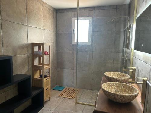 リュクシアナにあるMaison de charme en bord de merの洗面台2つとシャワー付きのバスルーム