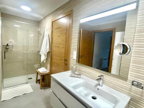 Un baño con lavabo, ducha y espejo. en Duplex FARO, en Chantada
