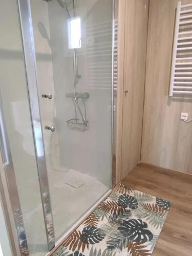 une douche avec une cabine en verre dans une salle de bain dans l'établissement Chalet charmant à Verfeil avec piscine partagée, à Lavaur