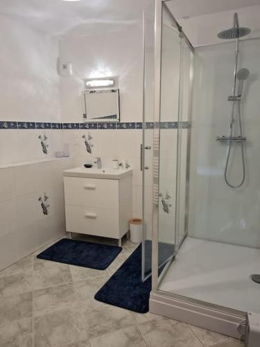 une salle de bain blanche avec une douche et un lavabo dans l'établissement La Passerelle de la Baie, à Roz-sur-Couesnon