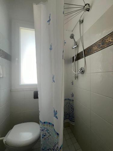 a bathroom with a toilet and a shower at Hotel Cliff in Rimini