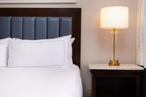 a bedroom with a bed and a lamp on a table at DoubleTree by Hilton Houston Medical Center Hotel & Suites in Houston