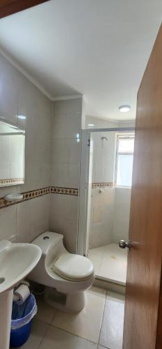 a bathroom with a shower and a toilet and a sink at Hotel Rodadero Dorado in Santa Marta