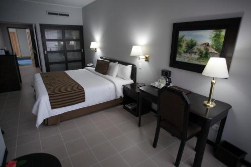a hotel room with a bed and a desk with a desk at Hotel Internacional La Triada in Bucaramanga