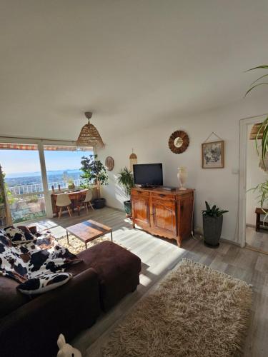 un salon avec un canapé et une télévision dans l'établissement Magnifique T3 vue mer Stade Vélodrome calanques, à Marseille