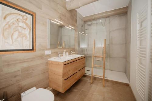 une salle de bain avec un lavabo, une douche et des toilettes dans l'établissement Gîte de la Rivière, à Pluvigner