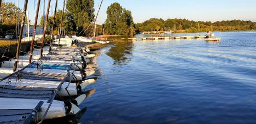 a row of boats are docked in the water at Chambres Du Petit Bonheur in Biscarrosse