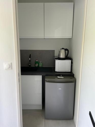 une petite cuisine avec un évier et un micro-ondes dans l'établissement Chambre indépendante Proche du Futuroscope, à Poitiers