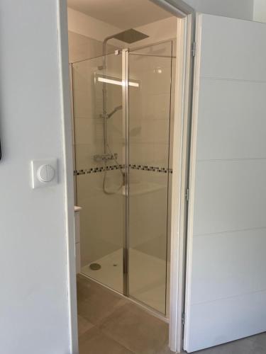 une douche avec une porte vitrée dans une salle de bain dans l'établissement Chambre indépendante Proche du Futuroscope, à Poitiers