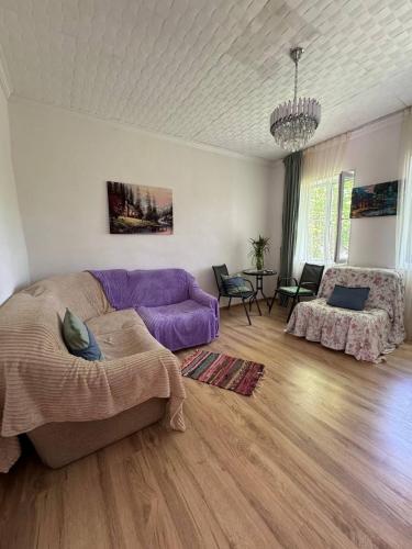 a living room with a purple couch and a table at Guest house Me and grandfather-მე და პაპა in Dedoplis Tskaro
