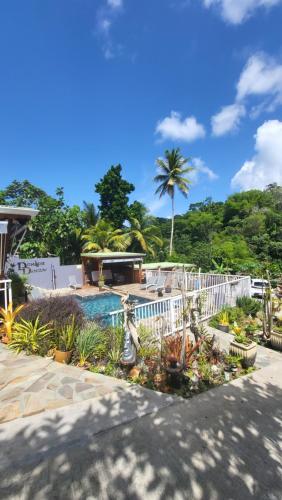 a pool with a white fence and a palm tree at Domaine Damouw in Petit-Bourg