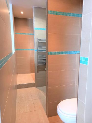 une salle de bain avec douche et toilettes dans l'établissement Charmante Maison, à Cherbourg en Cotentin