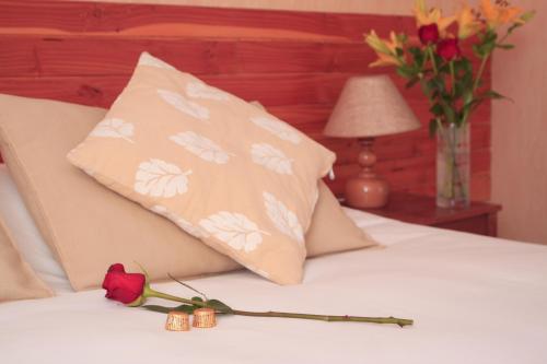 a red rose sitting on a bed with a pillow at Hotel Borde Lago in Puerto Varas